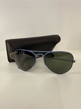 Pre Owned Ray Ban Aviator Large Blue Metal Sunglasses w/ Case